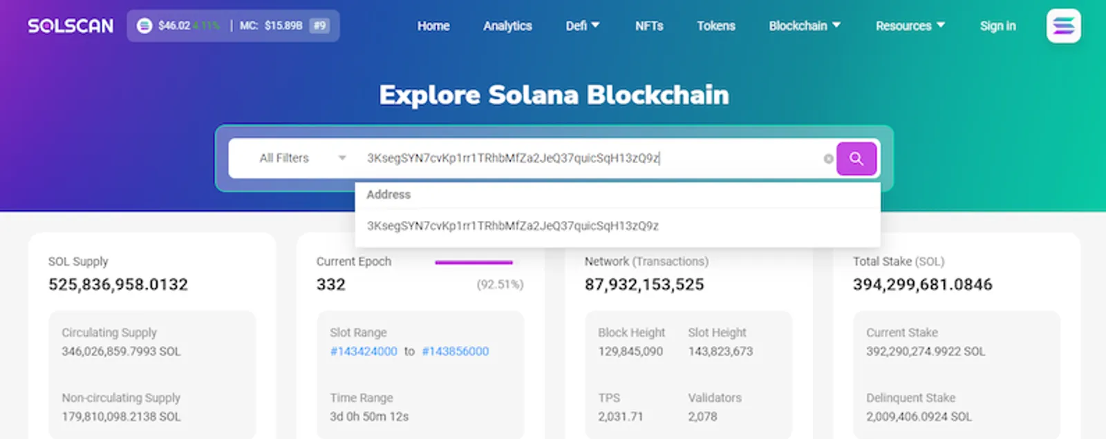 Solscan search textbox for searching transactions