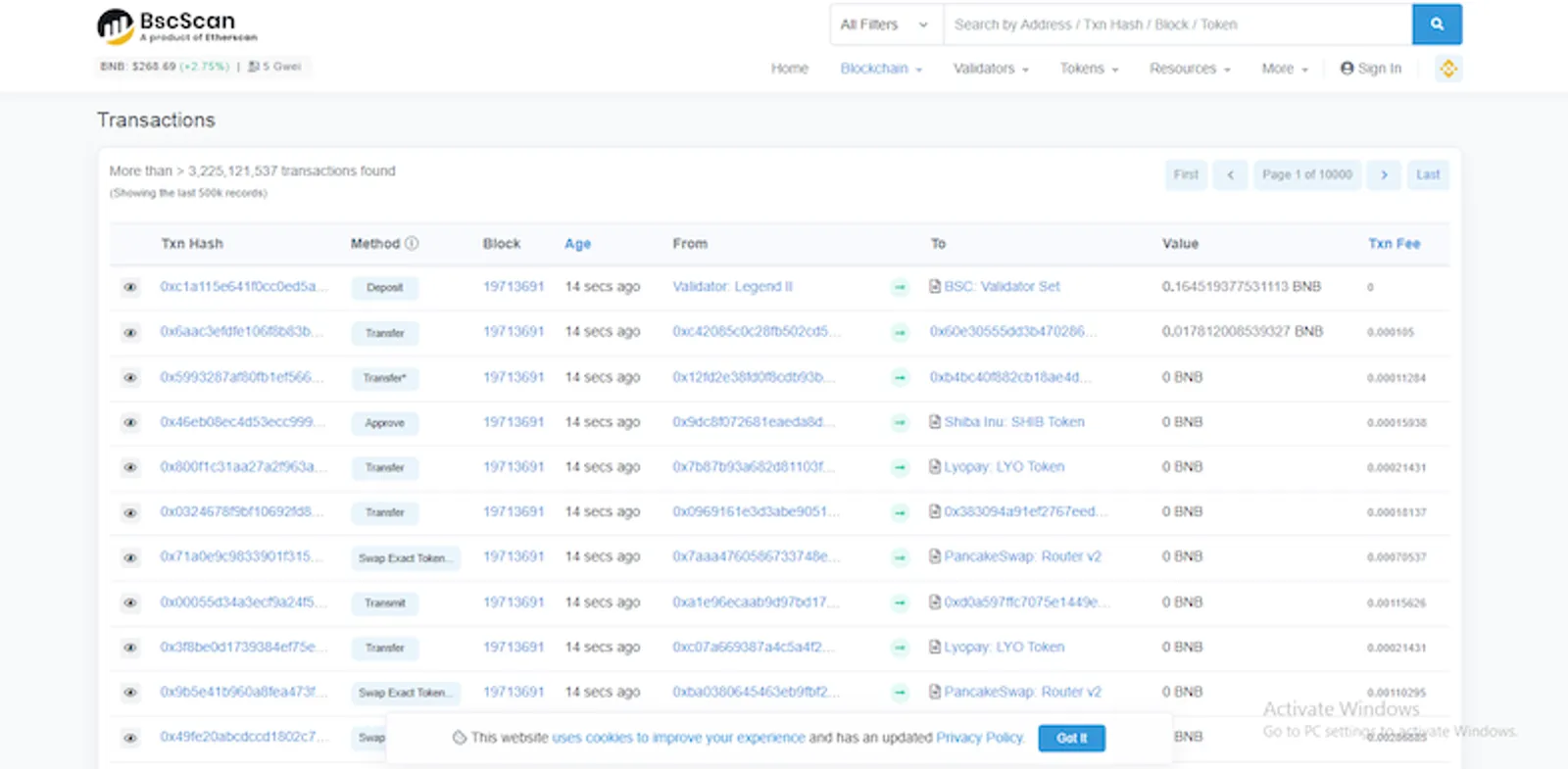 on-chain transactions information on bscscan
