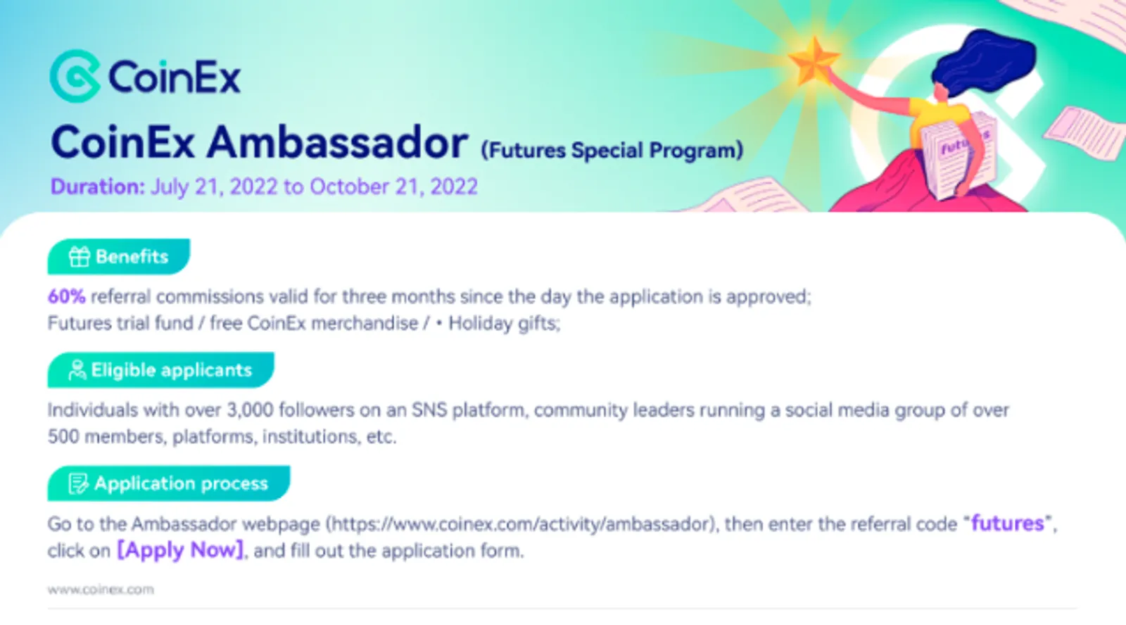 Bergabunglah Menjadi CoinEx Ambassador (Program Khusus Futures) untuk Penghasilan Bulanan yang Luar Biasa!