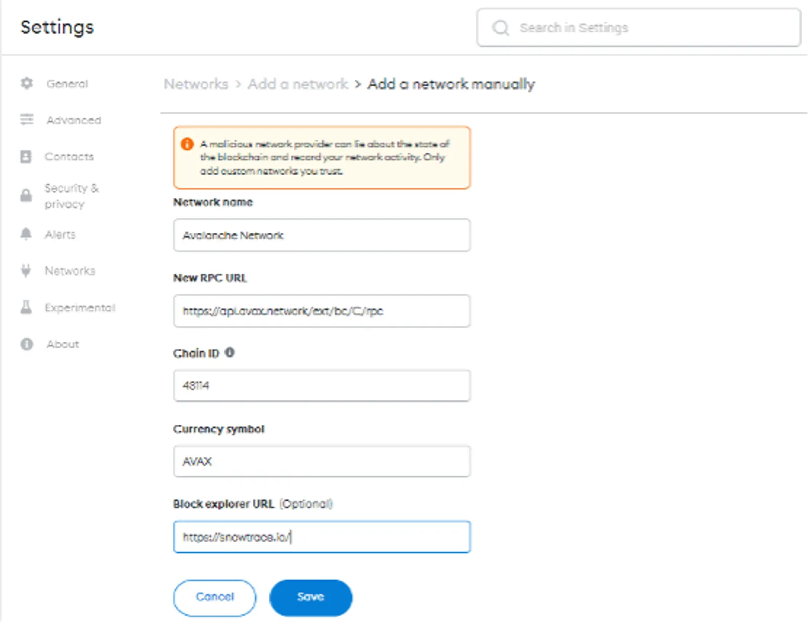 Input Avalanche network parameters