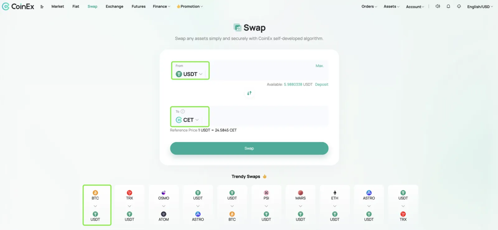 Được hỗ trợ bởi thuật toán thông minh tự phát triển, CoinEx Swap giúp người dùng quy đổi tài sản chỉ với một cú nhấp chuột - image 3