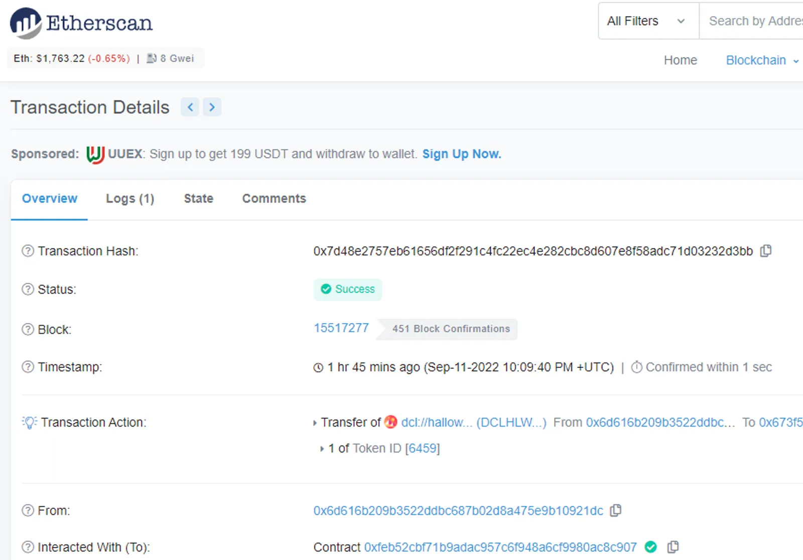 Transactions details on Etherscan