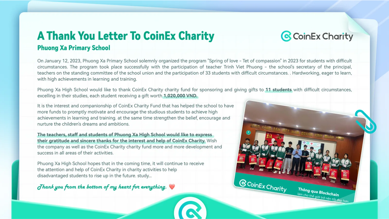 Благодарственное письмо от средней школы Phuong Xa: вклад CoinEx Charity в улучшение условий образования - image 2