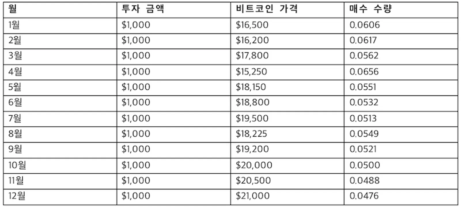 1년 동안의 비트코인 DCA 투자표