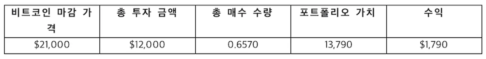 DCA 전략으로 비트코인에 투자하고 1년 후의 비트코인 포트폴리오 가치