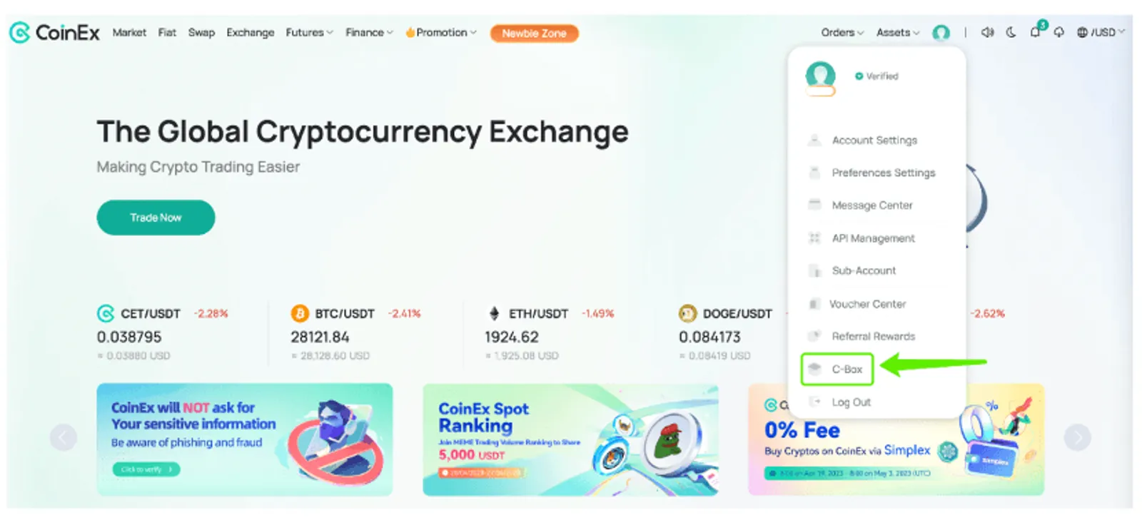 [C-Box] under [Account] on CoinEx website