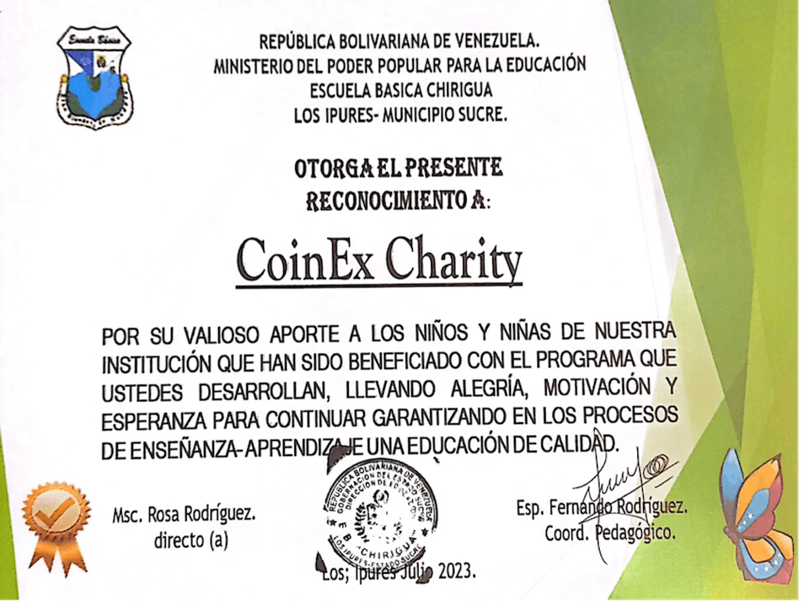 A letter of appreciation to CoinEx Charity