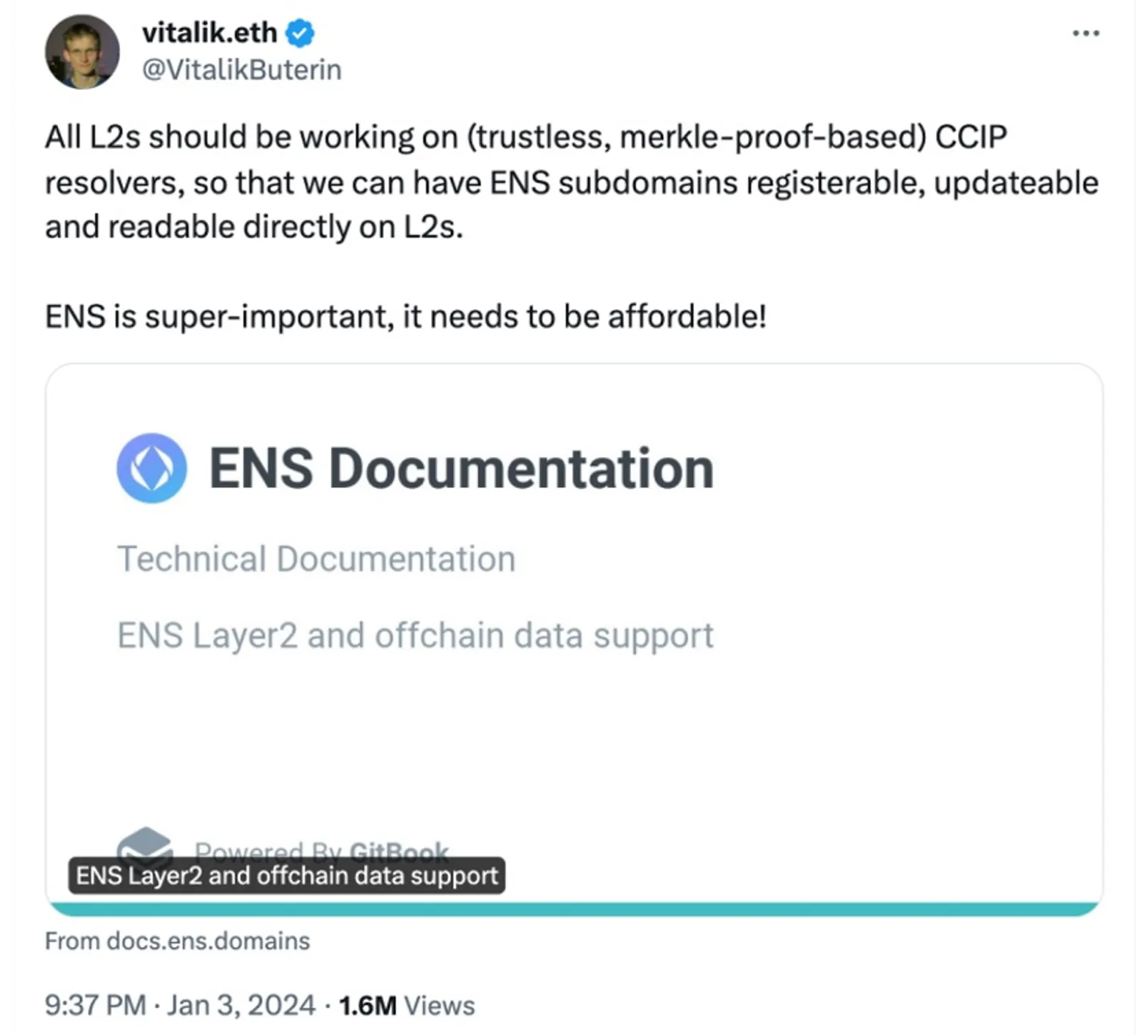 Vitalik Buterin enthusiastically endorsed ENS on X