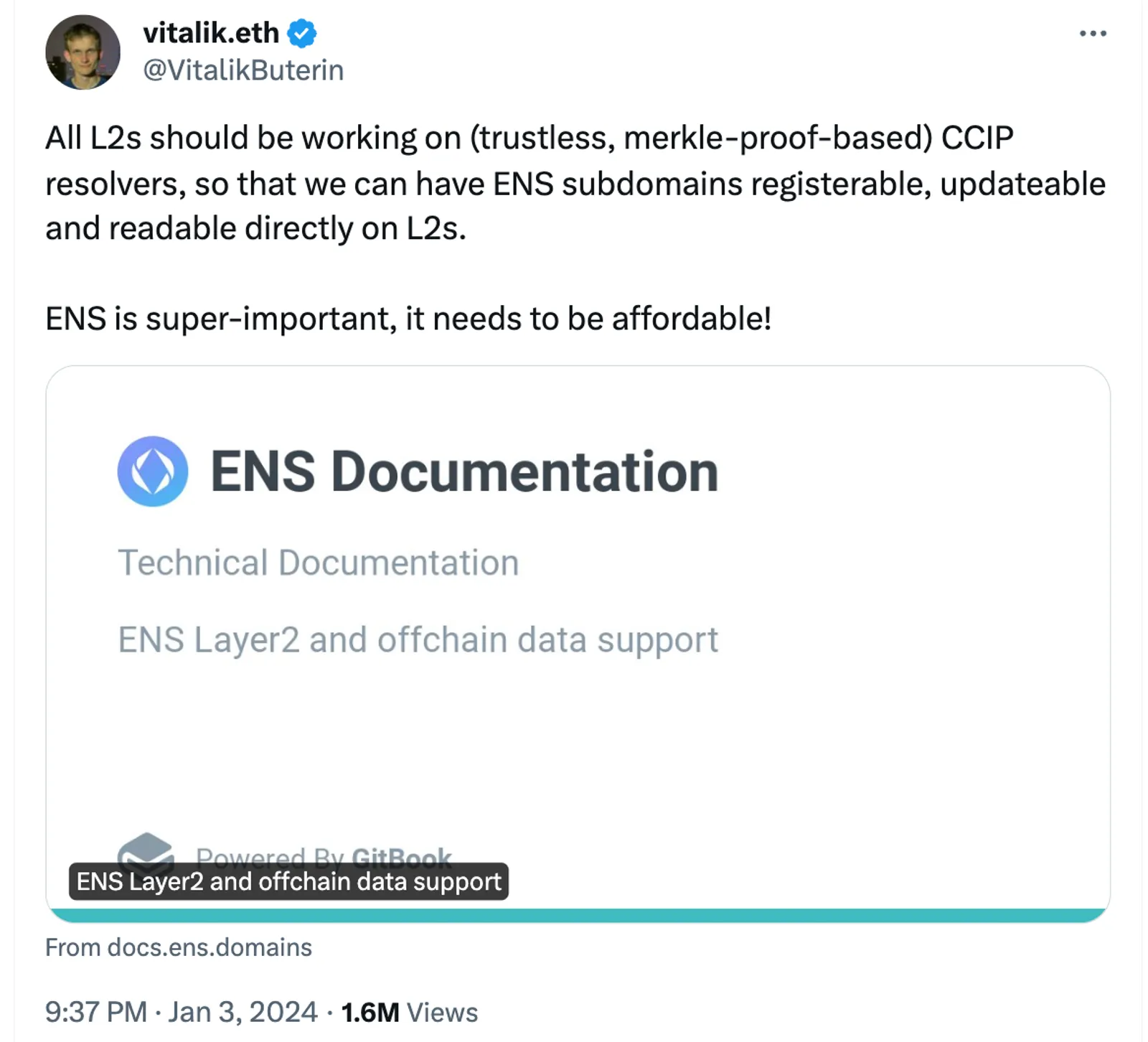 Vitalik Buterin通过社交媒体公开力挺以太坊名称服务（ENS）