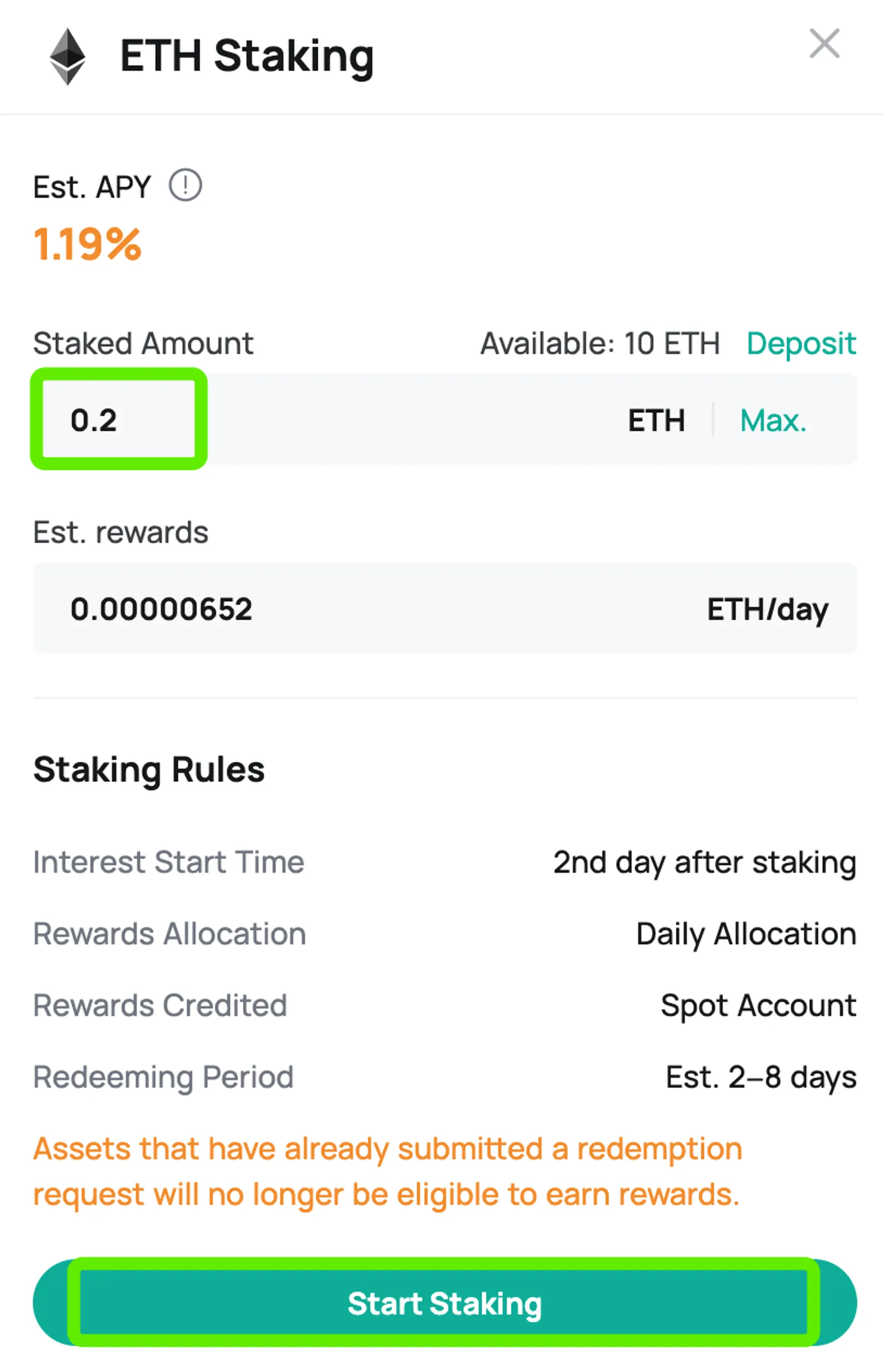Nhập số lượng vào, xem lại APY, phần thưởng hàng ngày ước tính và quy tắc staking và nhấp vào [Bắt đầu Staking]