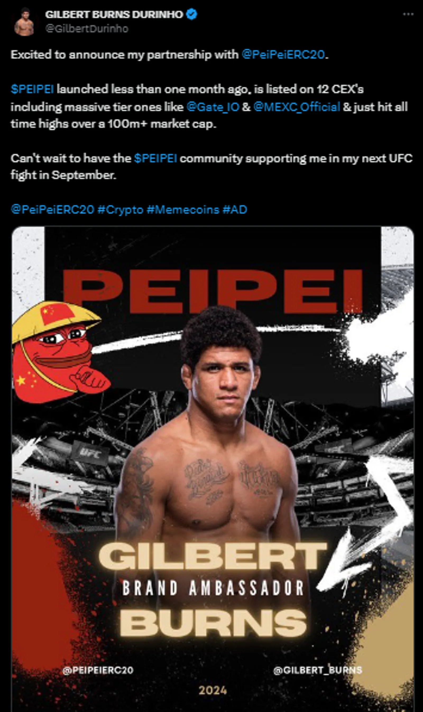Tweet de Gilbert Burns sobre parceria com PEIPEI