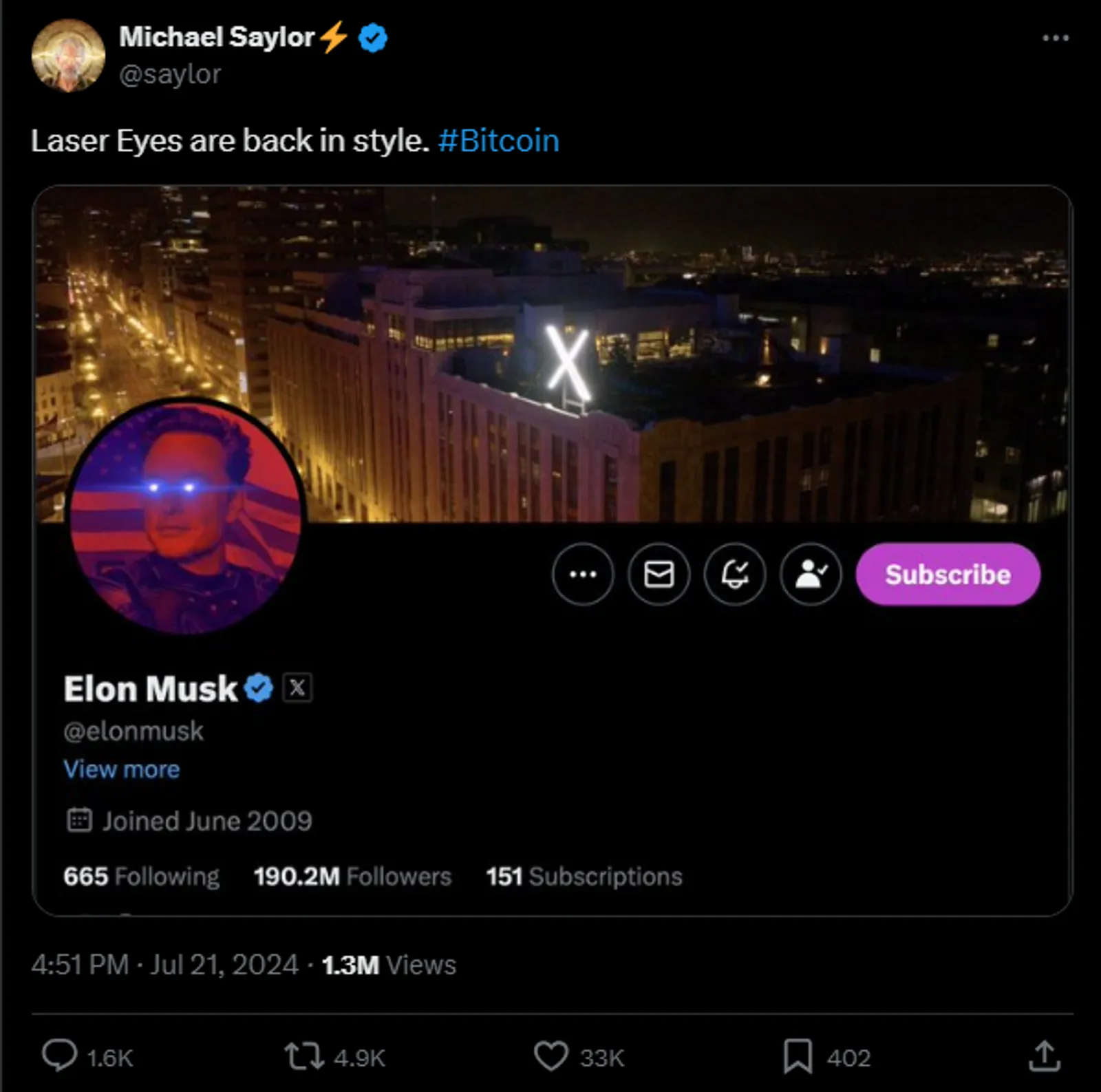"Olhos de laser estão de volta à moda. #Bitcoin", escreveu Michael Saylor sobre nova foto de perfil de Elon Musk, em apoio à DMAGA.