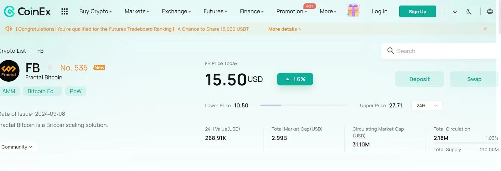 Recent Price Changes of Fractal Bitcoin on CoinEx