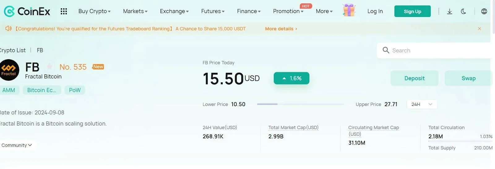 Preço do Fractal Bitcoin (FB) na CoinEx