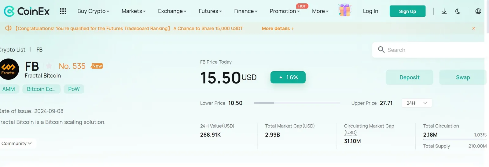 تغییرات اخیر قیمت Fractal Bitcoin در کوینکس