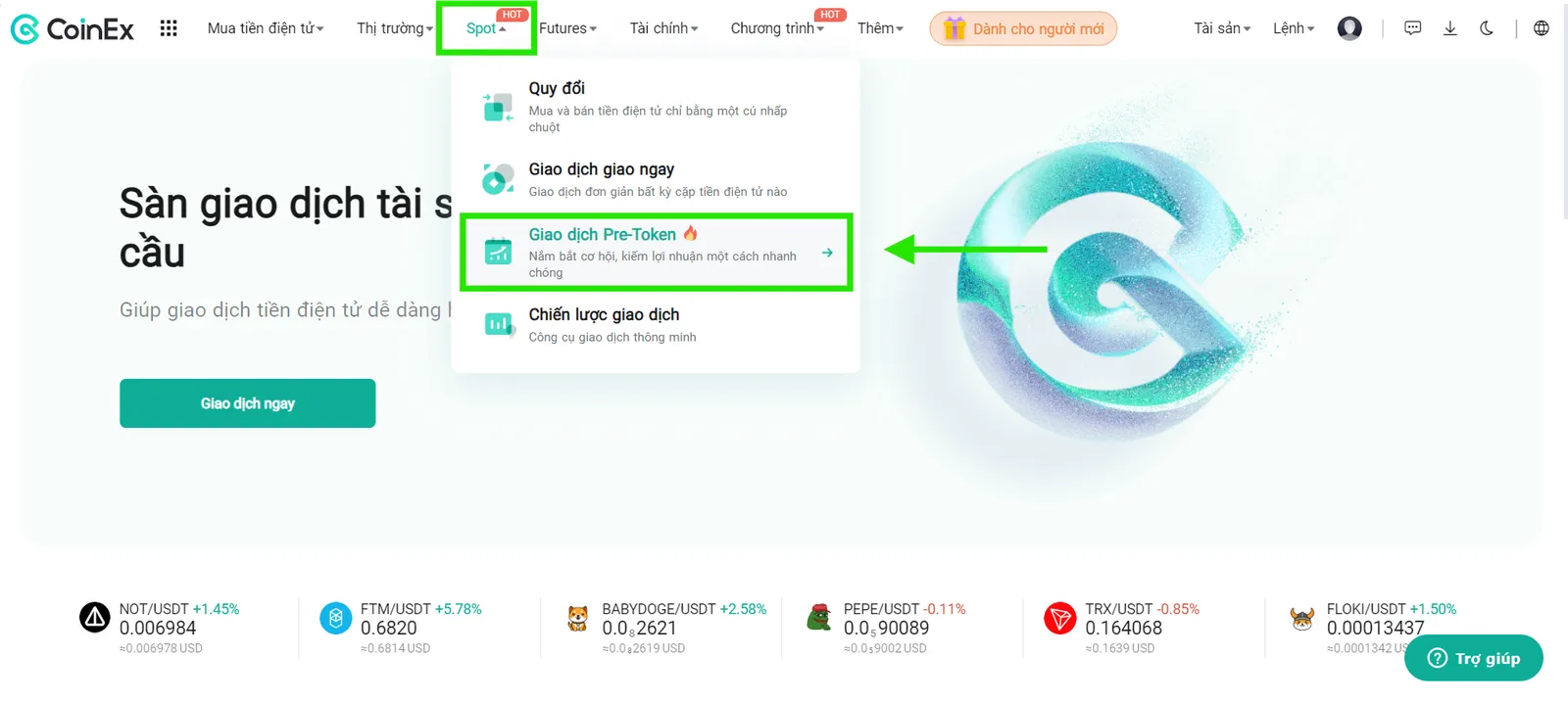 Đăng nhập vào trang web chính thức của CoinEx và điều hướng đến trang giao dịch Pre-Token.