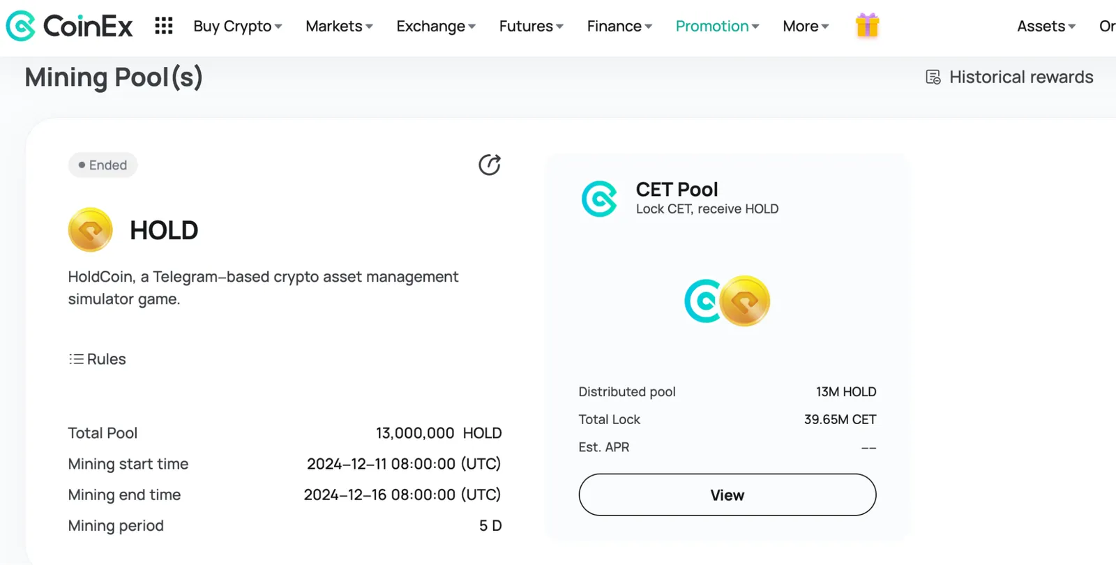 CoinEx, "CET를 잠그고 13,000,000 HOLD 공유하기" 채굴 이벤트 마무리