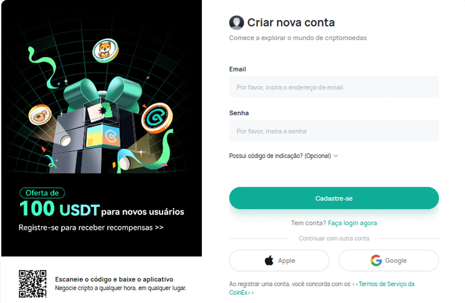 Crie uma conta na CoinEx