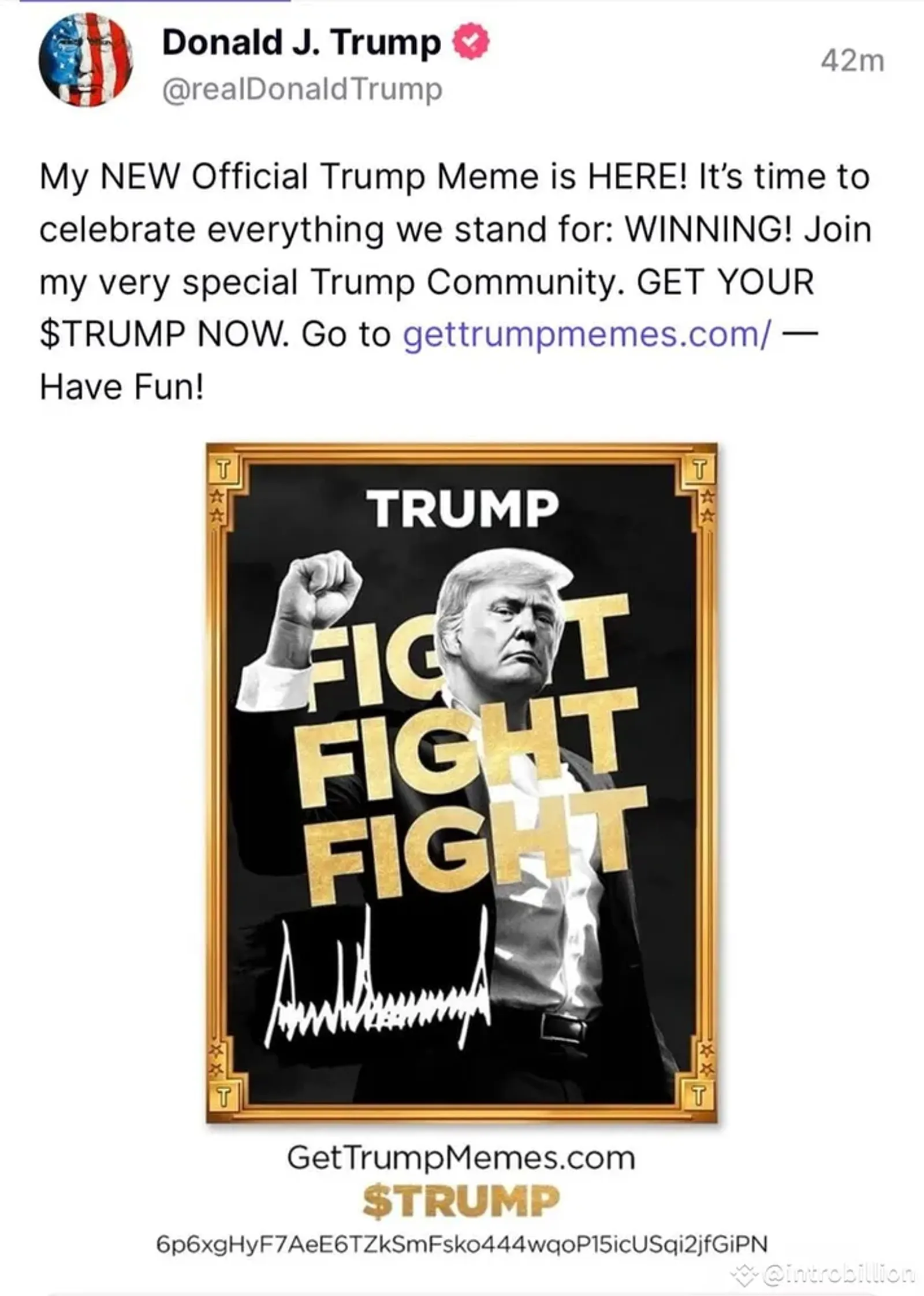 A post promoting the new TRUMP memecoin on Trump's (potentially hacked) official account