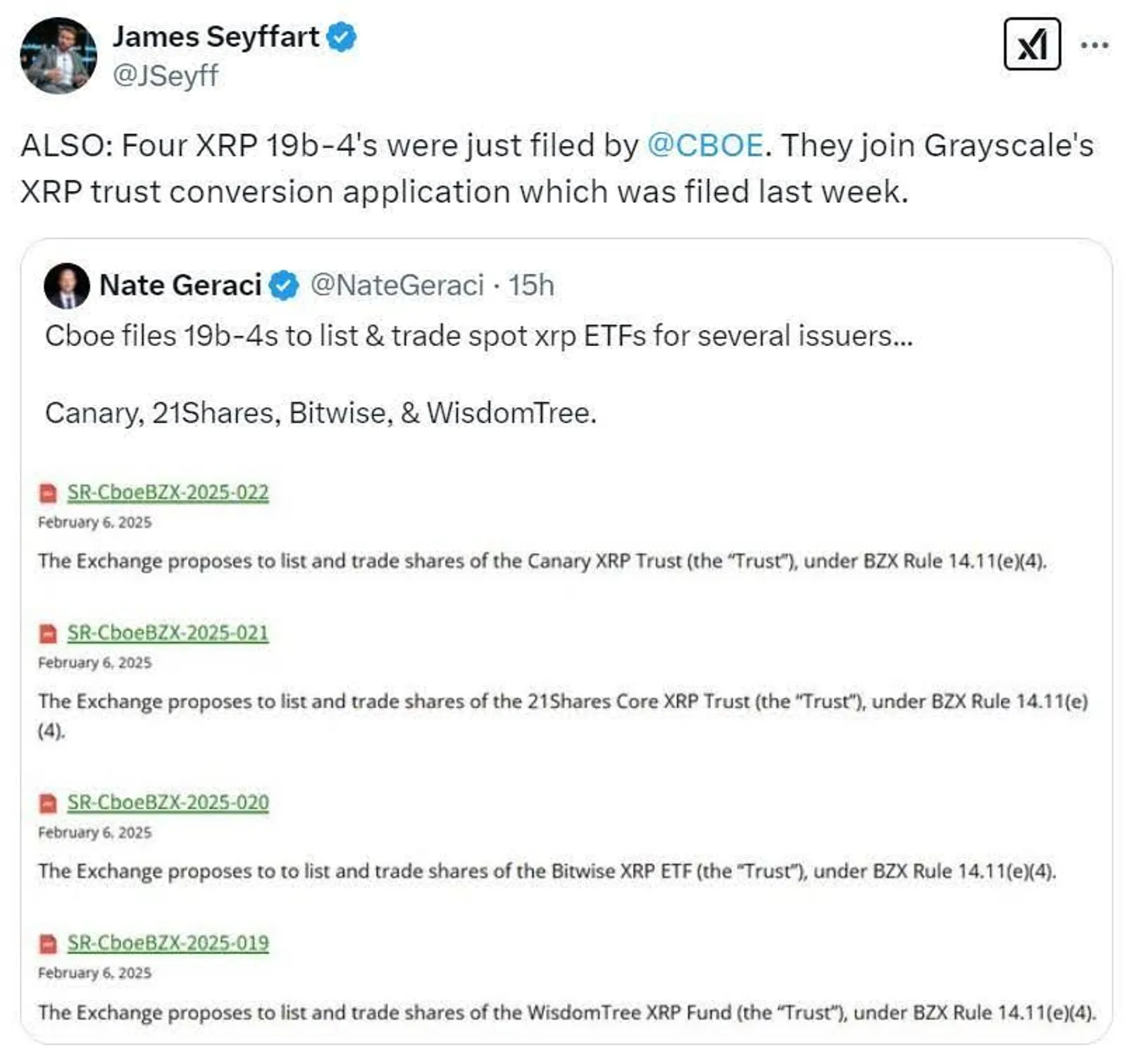 The potential for XRP ETFs is increasing among U.S. fund managers. Source: X