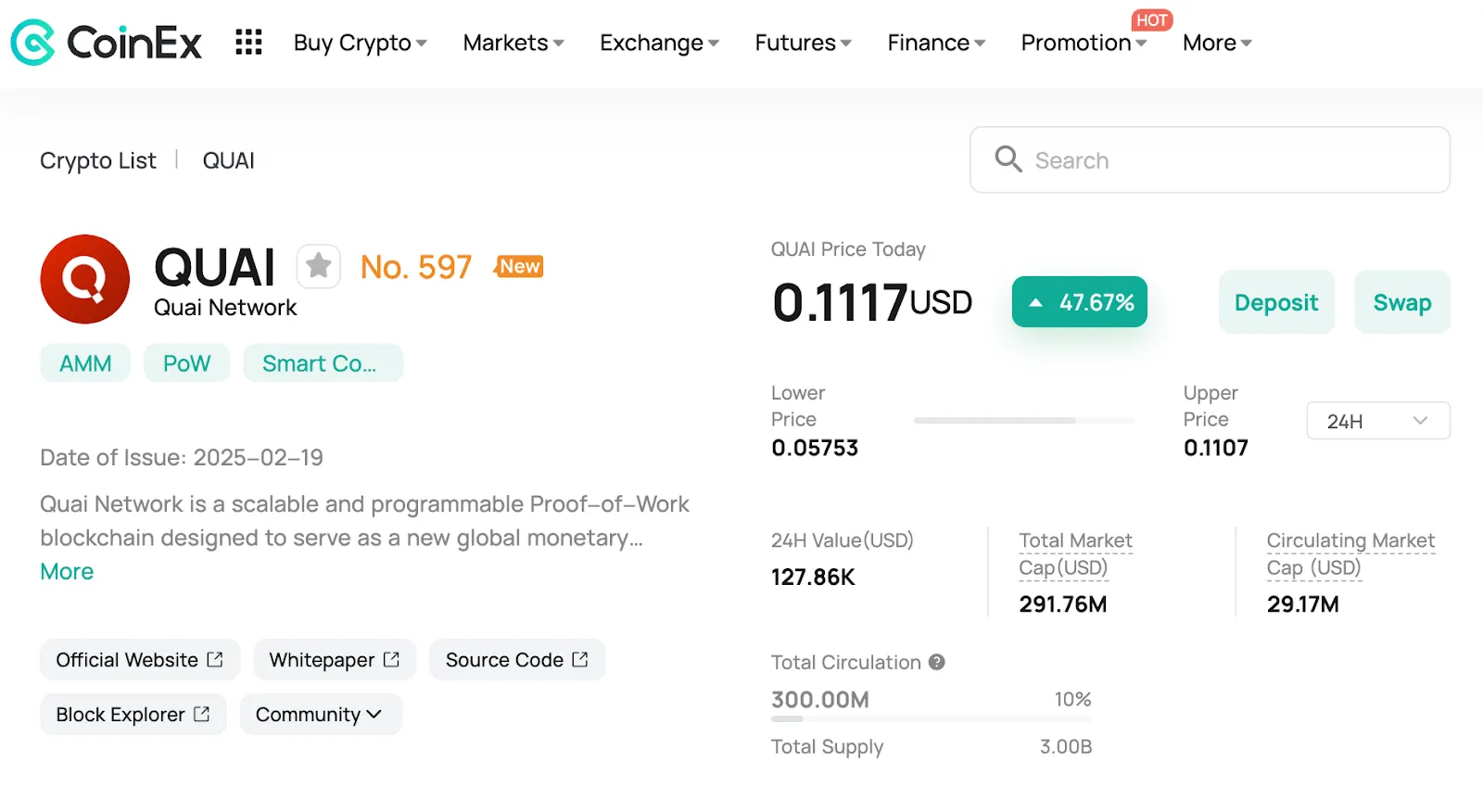O Preço da Quai Network (QUAI) na CoinEx