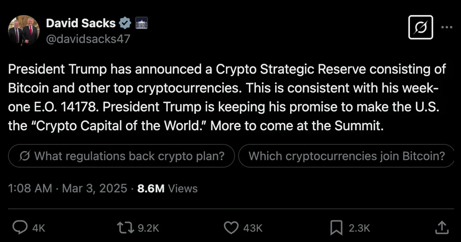 David Sacks echoed to Trump on X shortly after his announcement