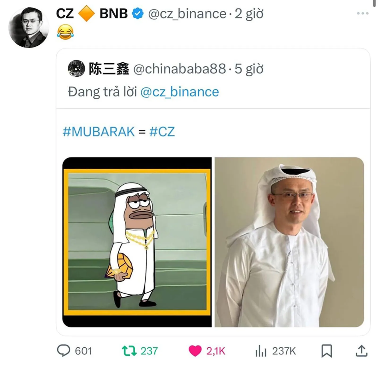 A tweet from Binance's former CEO, CZ