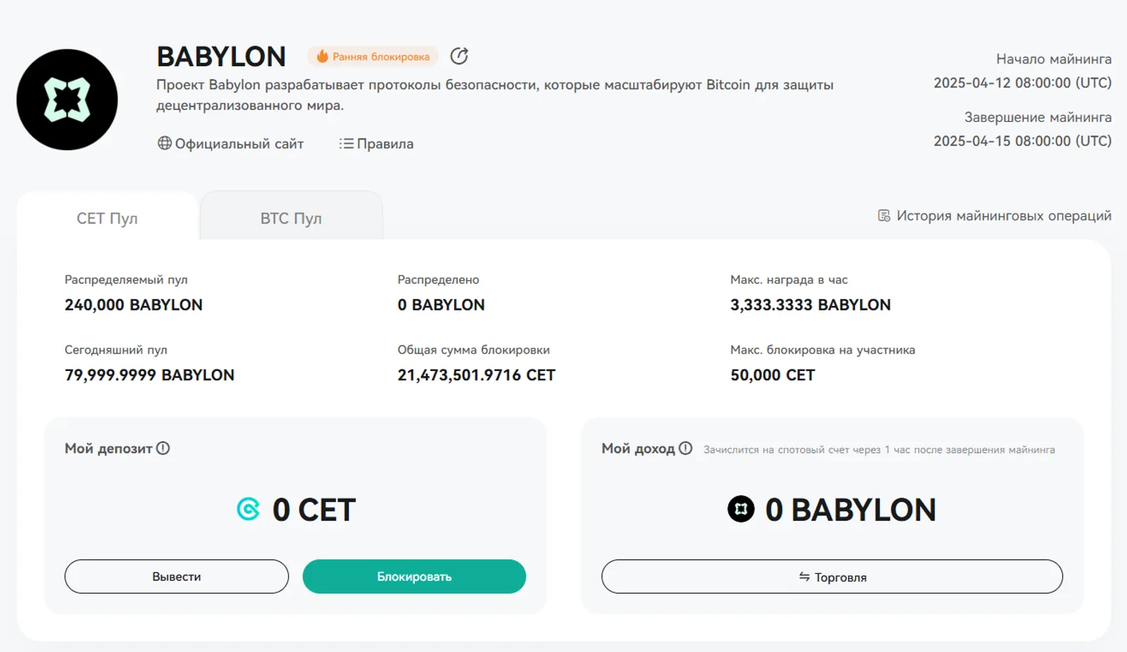 Информация о пуле CET