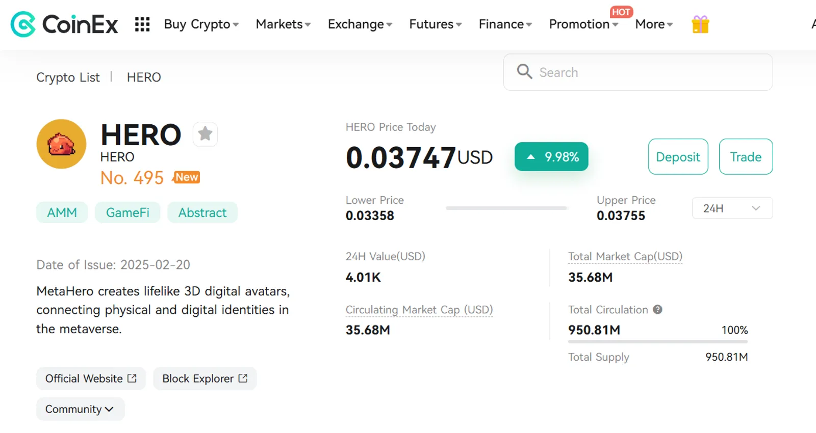 The Price Change of HERO (HERO) on CoinEx