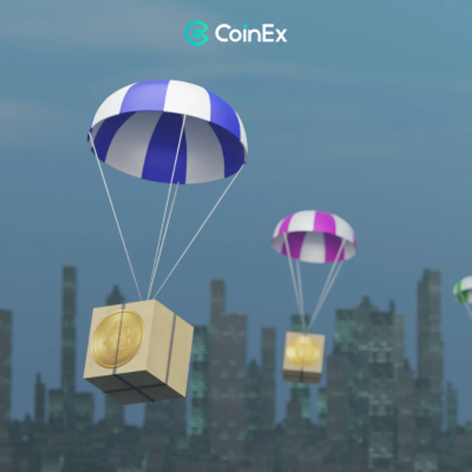 Airdrop, Airdrop Crypto, CoinEx Nigeria, CoinEx Airdrop Crypto: Three parachutes with gold coin emblem boxes descending over a cityscape silhouette on a blue sky background