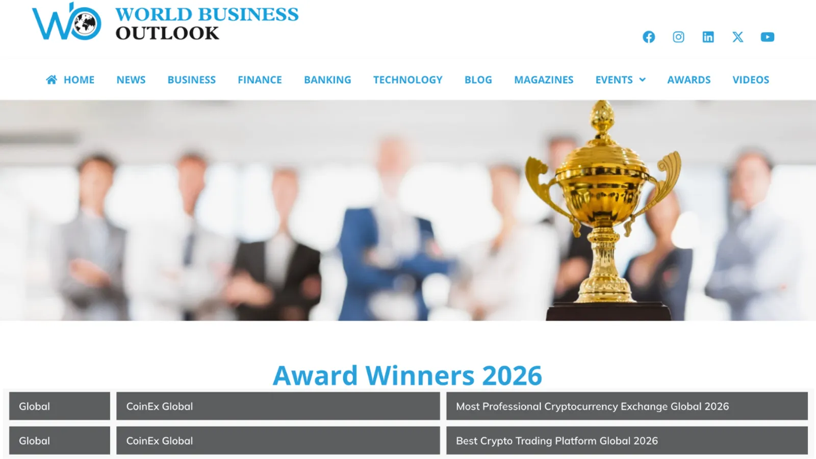 CoinEx Ganha Dois Prêmios Globais no World Business Outlook Awards 2026